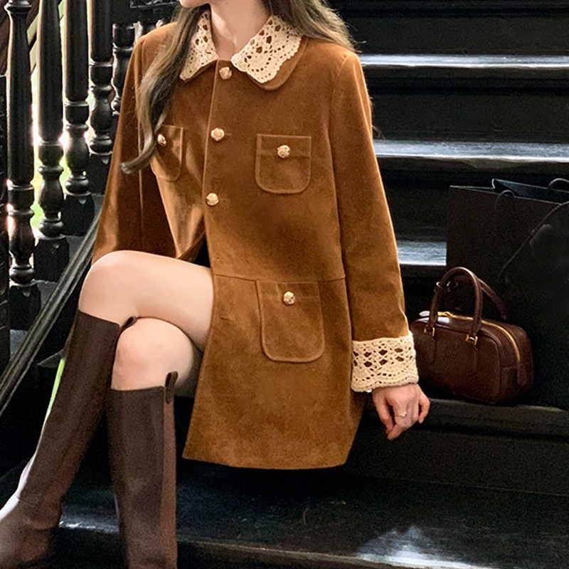 锦倩 MIU系复古翻领中长款麂皮/丝绒外套工装风衣女 美拉德穿搭潮|undefined
