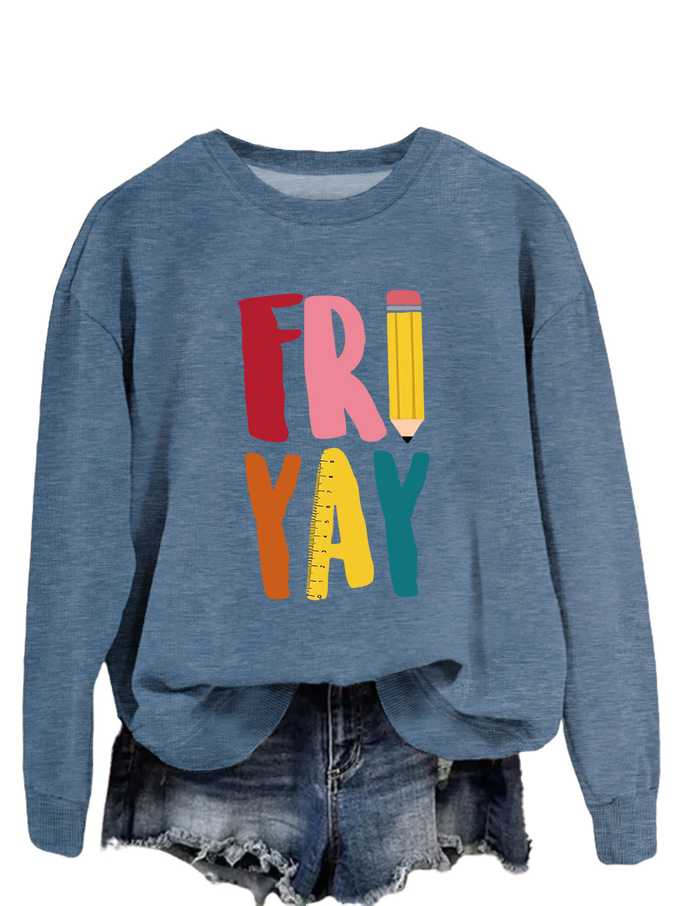 Estación independiente de moda Suelta todo fósforo superior FRI YAY lápiz divertido carta de impresión camisa de manga larga de las mujeres suéter