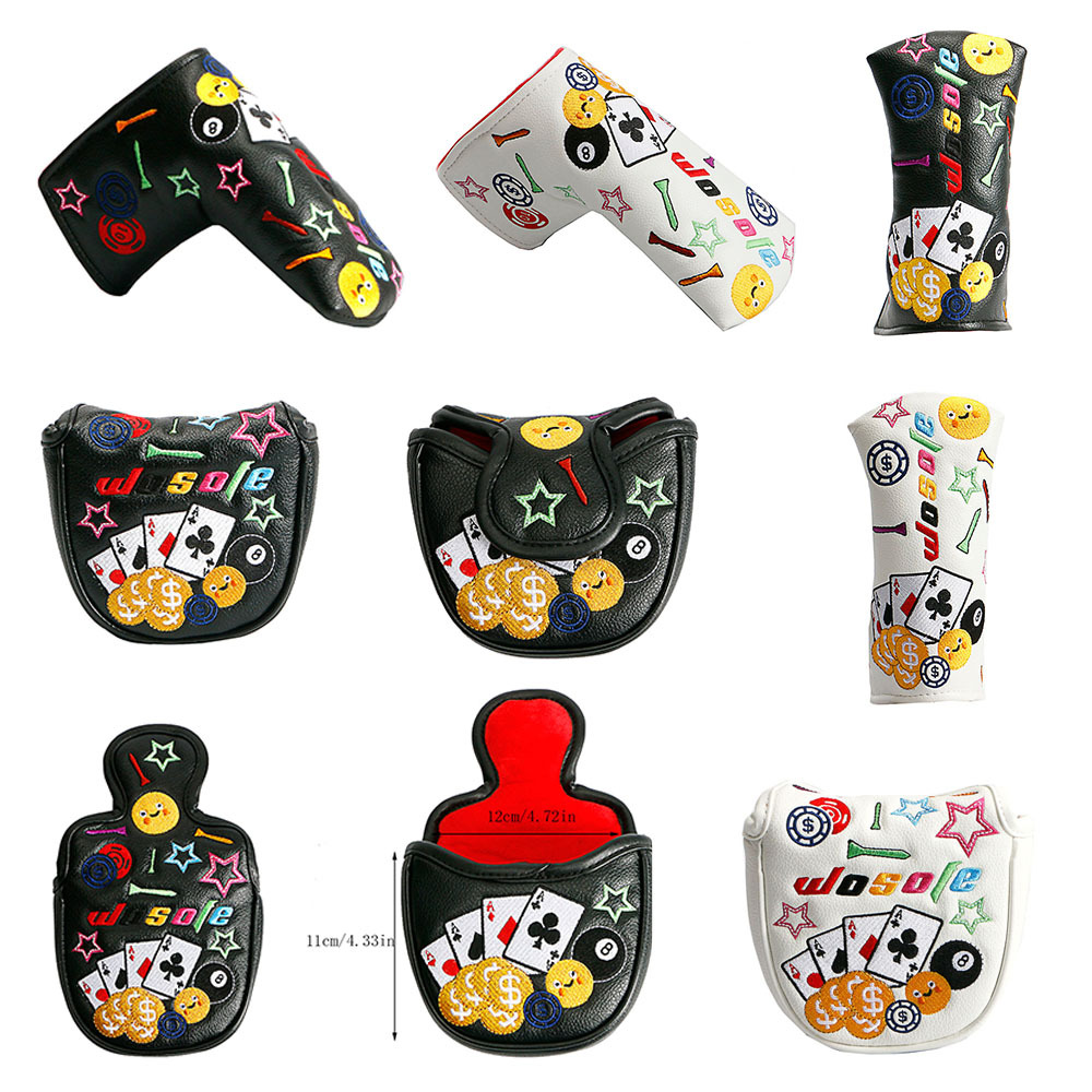 New golf putter cap cover, club protective cover, smiley face pattern club head cover, semicircle straight strip magnet closure