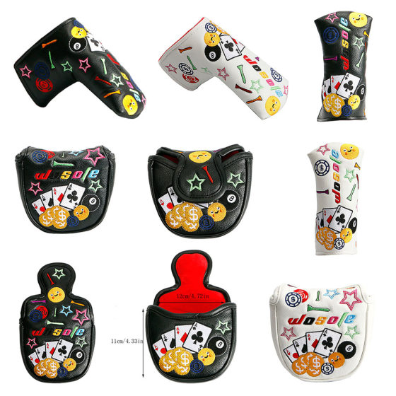 New golf putter cap cover club protection cover smiley face pattern head cover semicircle straight bar magnet closure