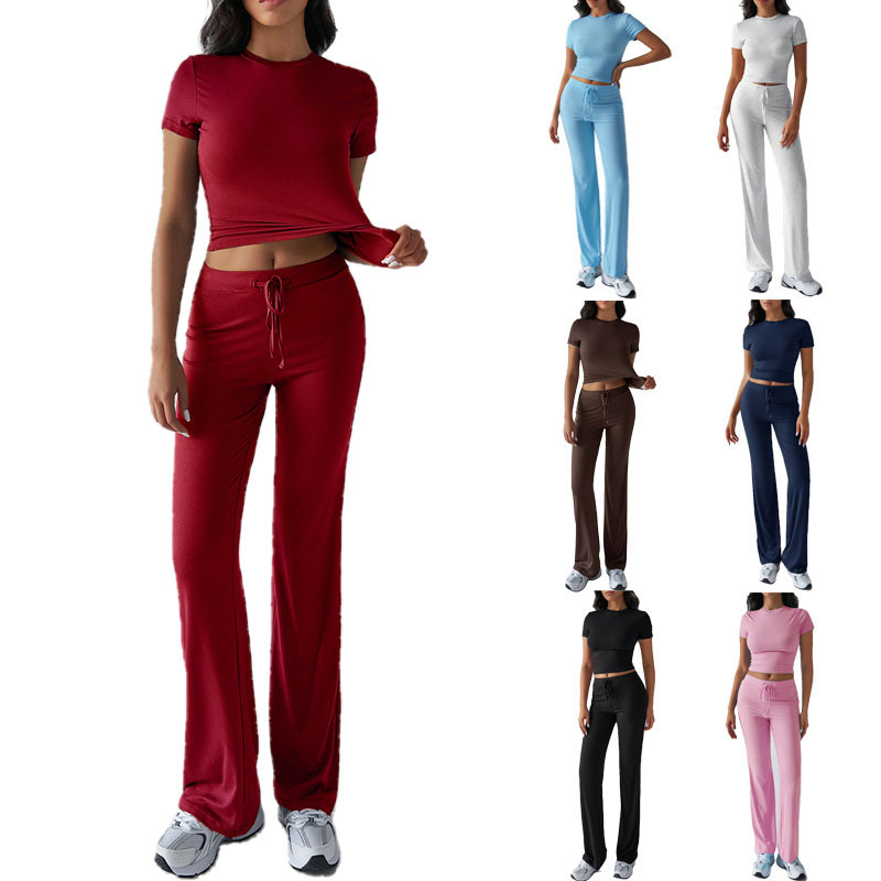2025 Europe and the United States new cross-border women's spring and summer temperament solid color round neck casual fashion suit short sleeve pants