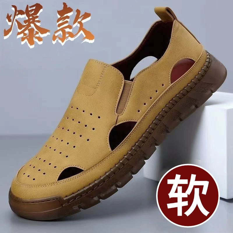 2025 zapatos de verano huecos y transpirables para hombre nuevas sandalias hechas a mano con cubierta de cuero sandalias casuales antideslizantes de suela suave para hombre