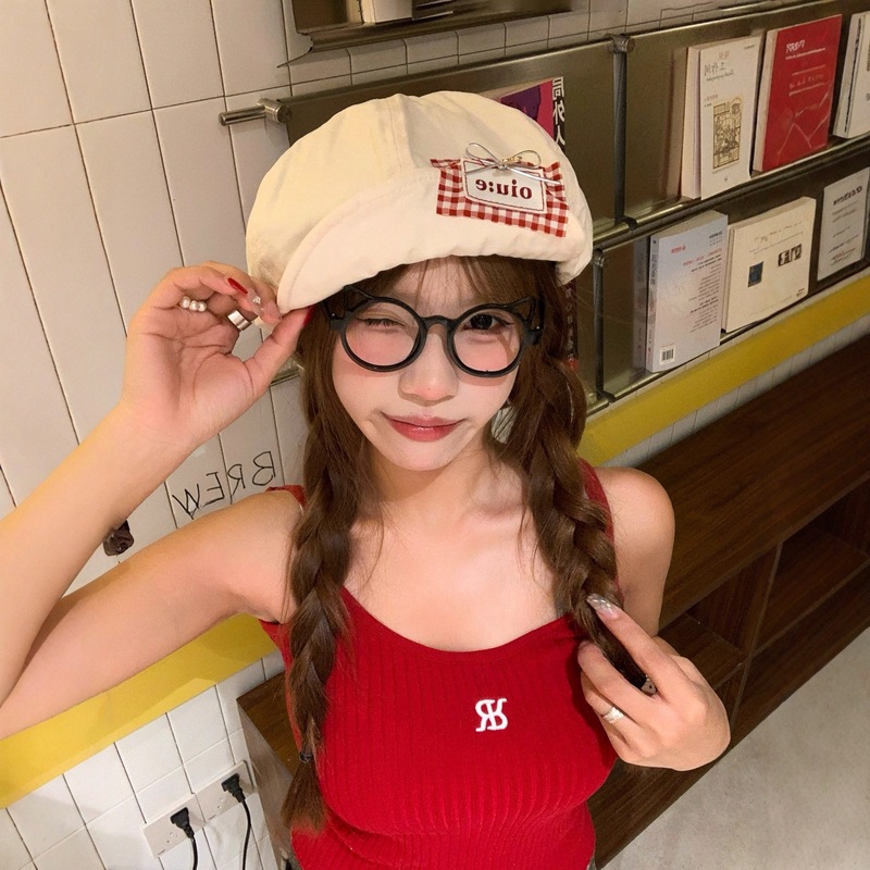 日系格纹贴布棉麻贝雷帽女夏季时尚百搭可爱显脸小云朵帽子八角帽|undefined