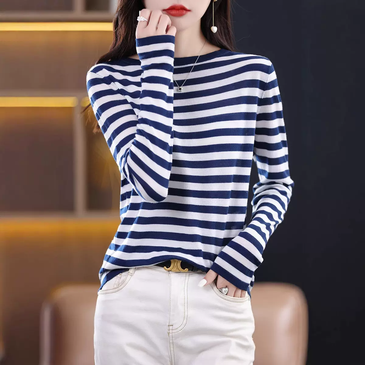 2025早秋新款精仿羊毛针织衫女一字领拼色条纹宽松休闲简约打底衫