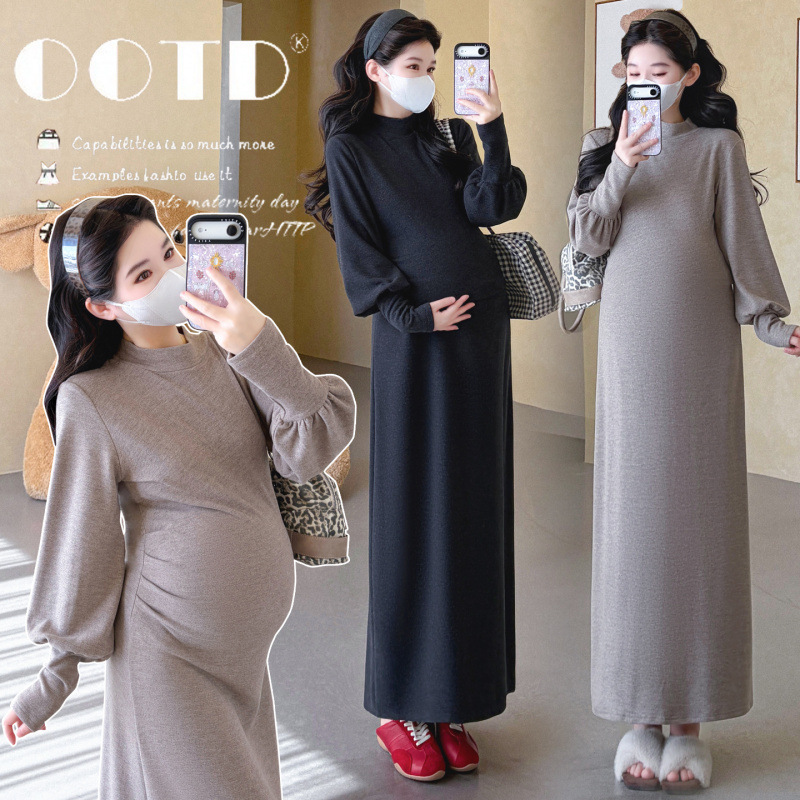 Maternity dress, autumn fashion new French style, half-high collar, long sleeve, slim fit long dress, autumn and winter maternity dress Maternity dress, autumn fashion new French style, half-high collar, long sleeve, slim fit long dress, autumn and winter maternity dress