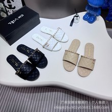 高端品质小香风平底菱格链条扣一字拖外穿女夏季新款凉拖全套包装