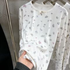 Xiaoxiangfeng-甘くてかわいい年齢軽減リボン花柄長袖Tシャツニットボトムシャツ24冬新作長袖レディース