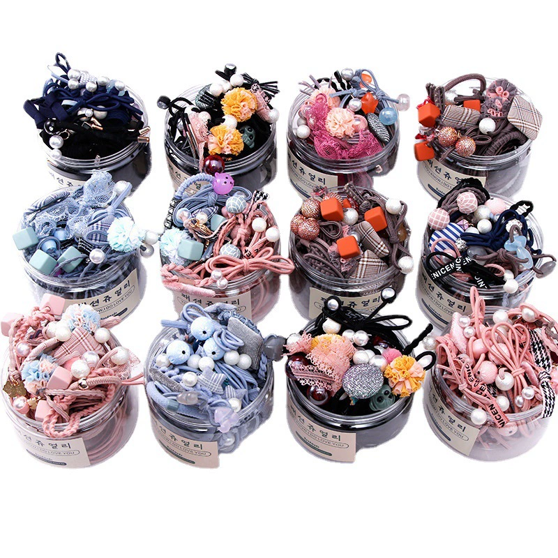 Hair Rope Set (cute harmless) Korean-Style Elastic Hair Ties, No Hair Damage, 20 pcs Jar