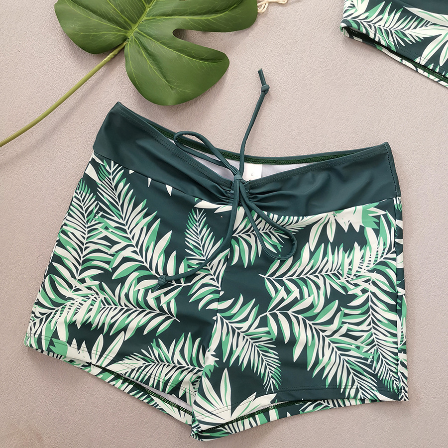High Waist Lace up Print Swimsuit for Women Split Boxer Style Solid Color Splicing Design European American Foreign Trade 2024 Large Size_ecoleips.com