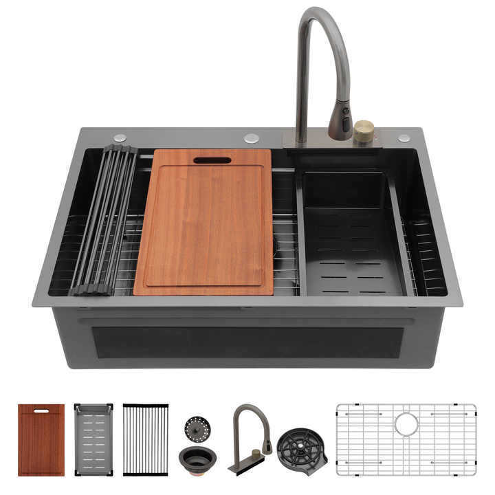 Multifunctional Waterfall Kitchen Sink Stainless Steel Sink Large Single Bowl with Bowl Rack, Install Sink Drop