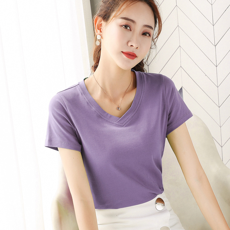 2026 New Women's Solid Color Slim Fit Simple T-Shirt Short Sleeve 1688 Slimming White T-Shirt V-Neck T-Shirt Base Shirt