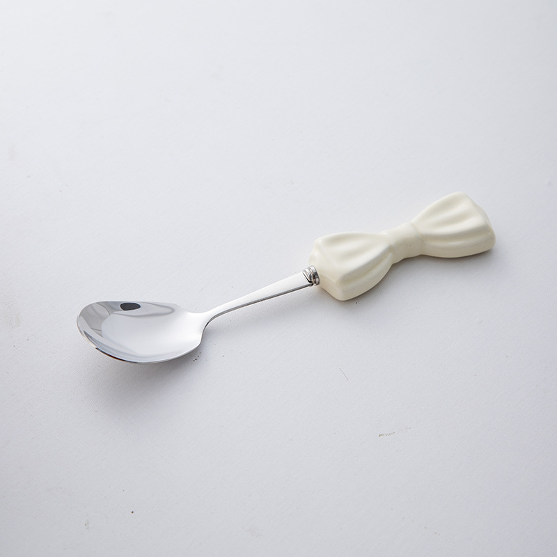 Ins Style Large Bowknot Creative Ceramic Handle 304 Stainless Steel Knife High Appearance Fork Dessert Spoon_voghion.com