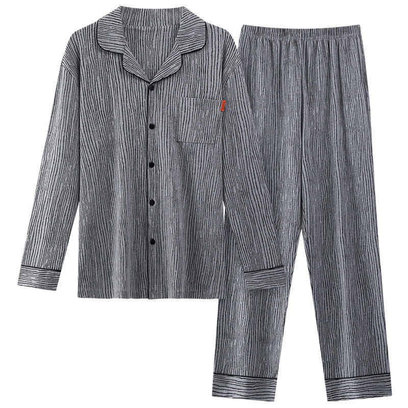 Pijama de hombre primavera y otoño algodón de manga larga juvenil suelto más grande cardigan a rayas con collar conjunto de ropa de casa