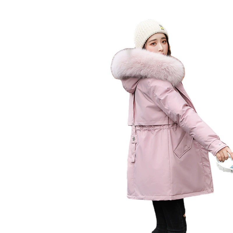 Women's Short Parka, Thickened Plush Lining, Large Wool Collar, Casual Cotton Shell