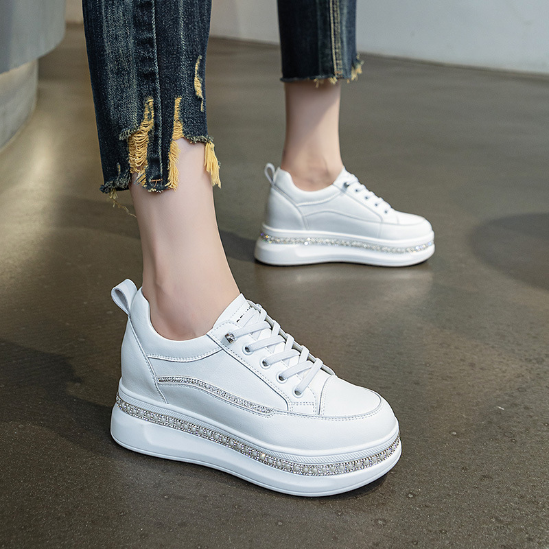Genuine Leather White Shoes for Women, 2025 Autum New Thick-Soled Casual Shoes, Lightweight Height-Increasing Sneakers for Small People