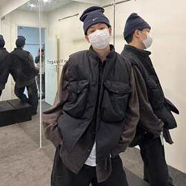 美式复古潮牌大口袋纯色马甲棉服男女冬季保暖加厚防风无袖上衣