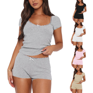2025 Amazon Lace Splicing Home Two-Piece Set Slim Square Collar Knitted Short Set Women's Multi-Color Casual Suit
