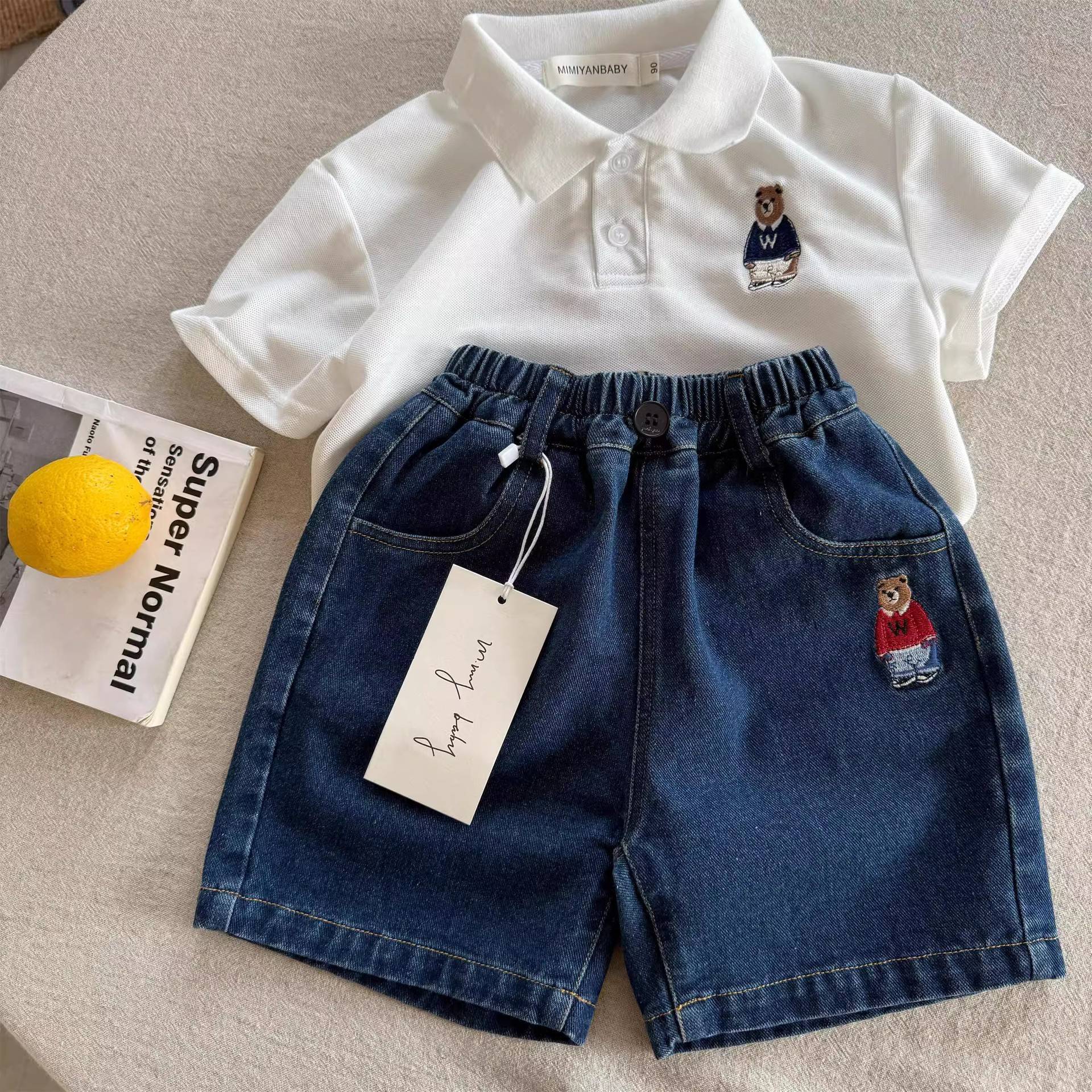 Pantalones cortos para niños 2025 verano, niños y niñas, jeans bordados de oso de la marca de moda japonesa, pantalones casuales de cinco puntos de estilo occidental para bebés image 8