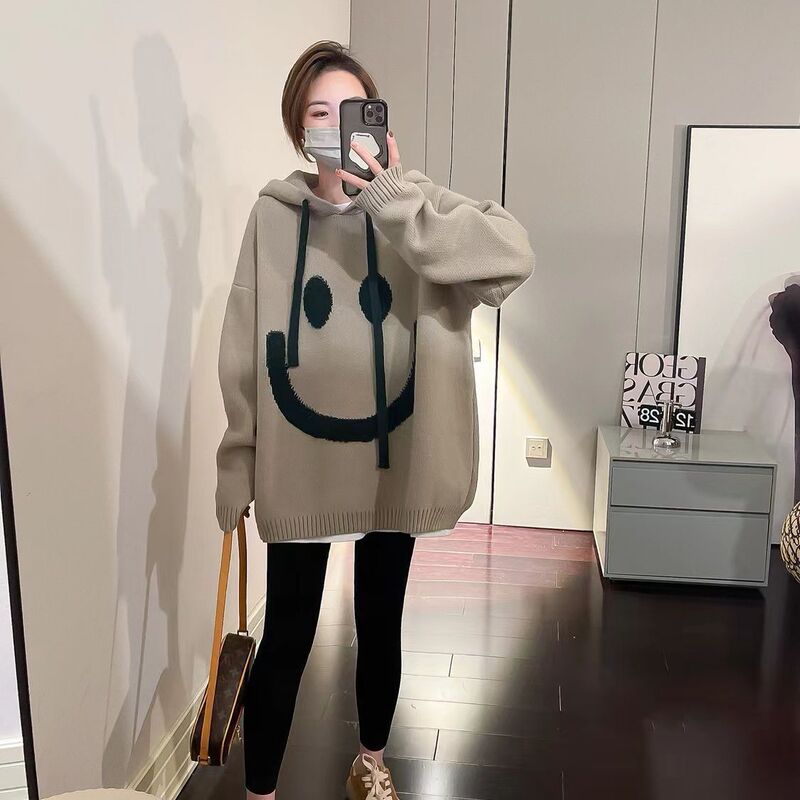 Soft Waxy Beige Smiley Hooded Sweater Women's Autumn and Winter New Lazy Style Loose Outer Wear Casual All-match Top Trendy
