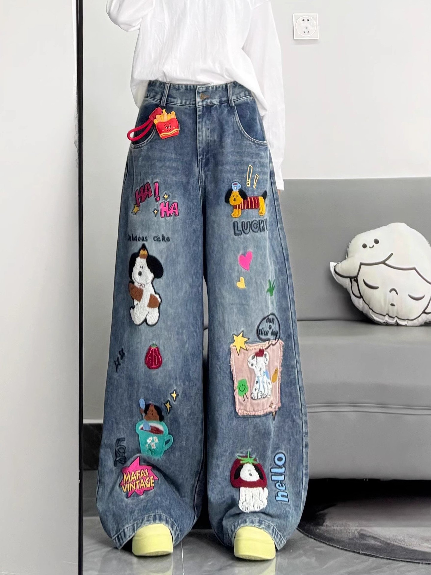 Wide leg jeans med cartoon patchwork dam hög midja denim byxor_voghion.com