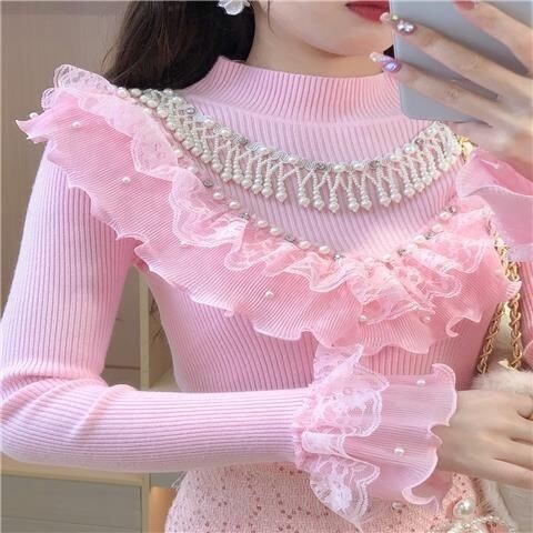 Autumn Knitted Sweater with Beads, Sweet Tassels, Lace Splicing, Elegant Lace, Versatile Bottoming Pullover, New Autumn and Winter