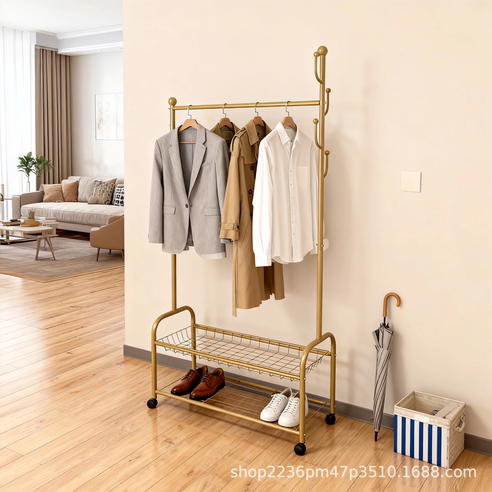Household Floor-Standing Clothes Drying Rack with Wheels, Movable Storage Coat Rack, Shoe Rack, Carbon Steel Material Clothes Rack