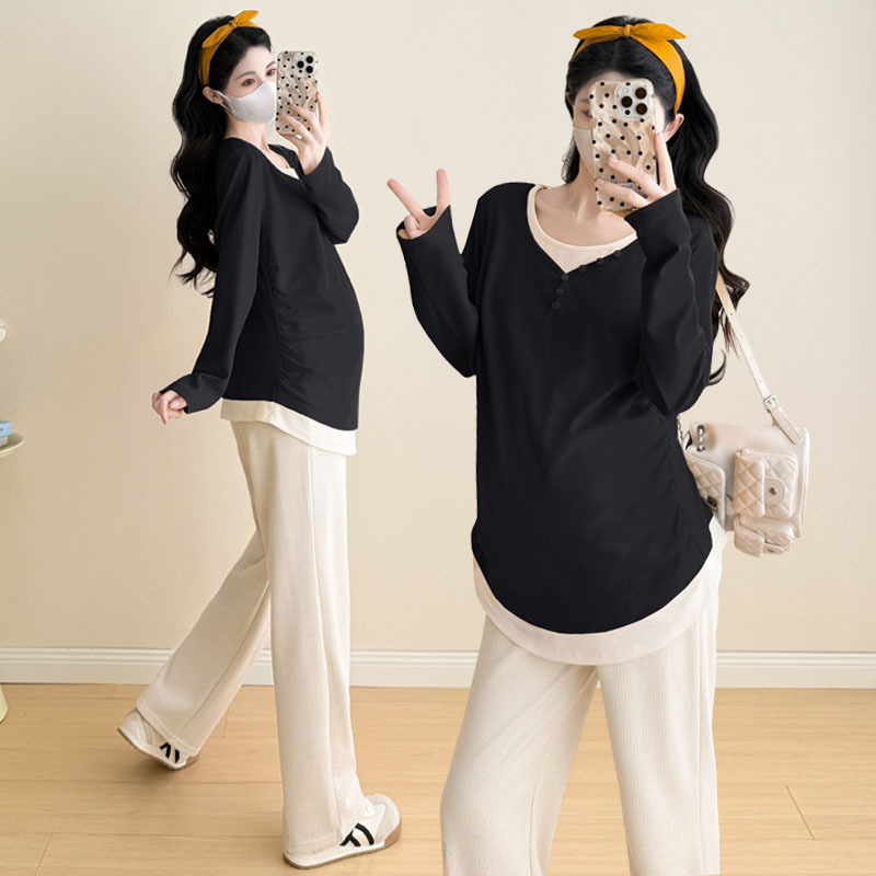 孕妇装秋冬百搭款弹力拼接打底衫韩版长袖甜美休闲显瘦孕妇T恤女|undefined