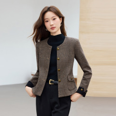 咖色短款外套女2025秋冬新款女装亮丝直身圆领肌理感休闲气质上衣
