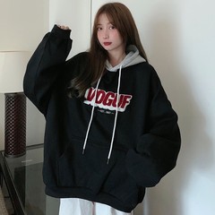 跨境撞色卫衣女长袖中长款宽松字母秋冬季加绒加厚新款连帽卫衣女