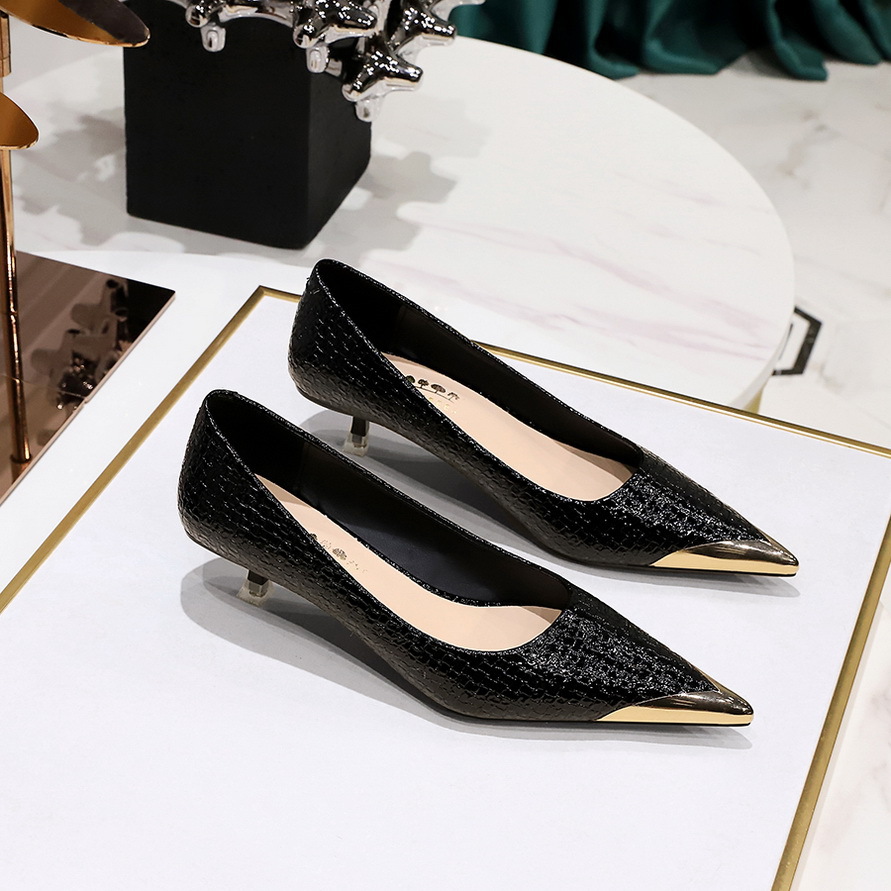 237-27 Retro European and American Style Banquet Women's Shoes Skinny Thin Heeled Middle Heeled Shallow Mouth Metal Pointed Iron-toe Snake Pattern Single Shoes