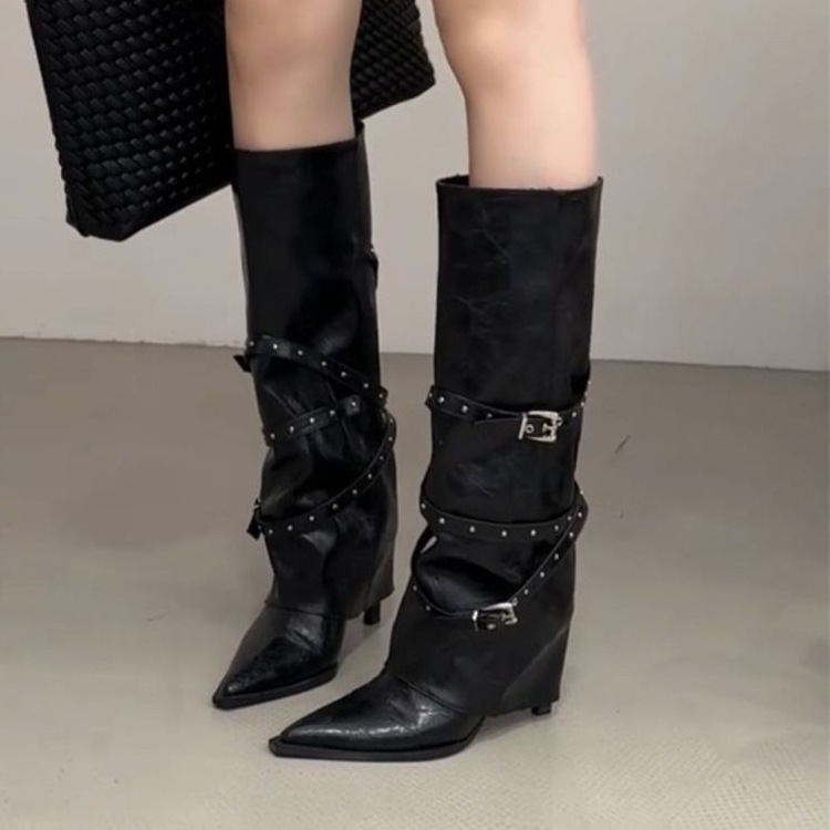 辣妹细跟高跟靴子女2025新款法式气质显瘦绝绝子尖头长筒靴裤管靴|undefined
