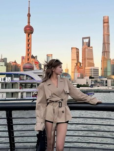 Autumn Marada Baobao Liponians Qiuyi Drag Sister Put on the silhouette, thin and thin double buckle middle long trench coat