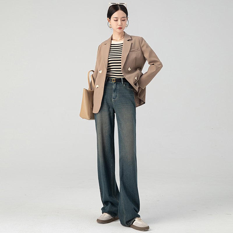 (2개) 시멘트 회색 높은 허리 넓은 다리 청바지 여성의 가을 2024 작은 남자를위한 새로운 슈퍼 잘 생긴 스트레이트 바지