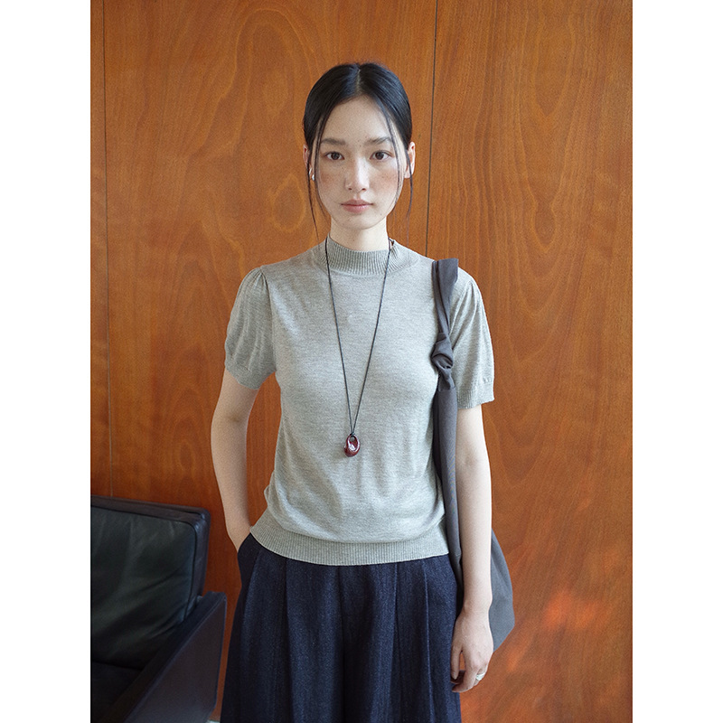 MMC短袖针织衫女秋季新款显瘦泡泡袖设计感高级羊毛半高领打底衫|undefined