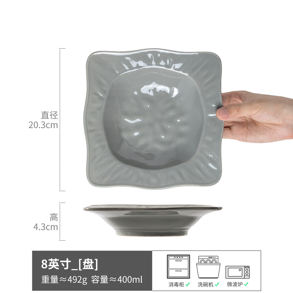 Plato cuadrado grande de cerámica vintage, plato rectangular para carne, bandeja de vajilla para uso doméstico, estilo retro de lujo ligero.