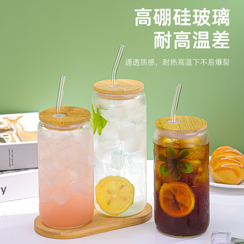 Amazon 16oz Cola Cup with Borosilicate Glass Straw Cup Bamboo Lid Transparent Mason Tea Drink Cup Customization
