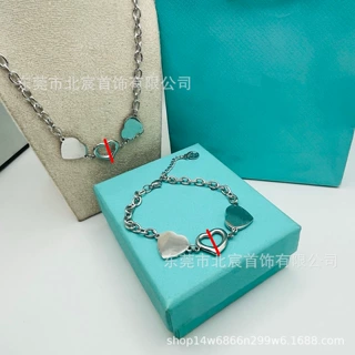 T加钛钢项链手链女ins风潮流嘻哈不锈钢双爱心项链手饰链跨境批发