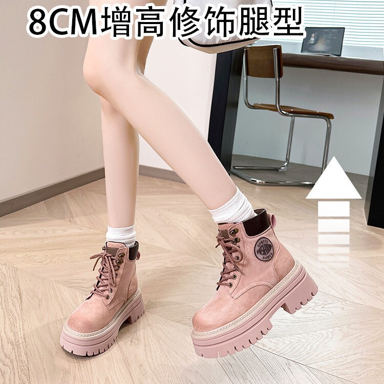 马丁靴女鞋2025春秋季内增高粉色小个子户外英伦风大黄靴厚底短靴|undefined