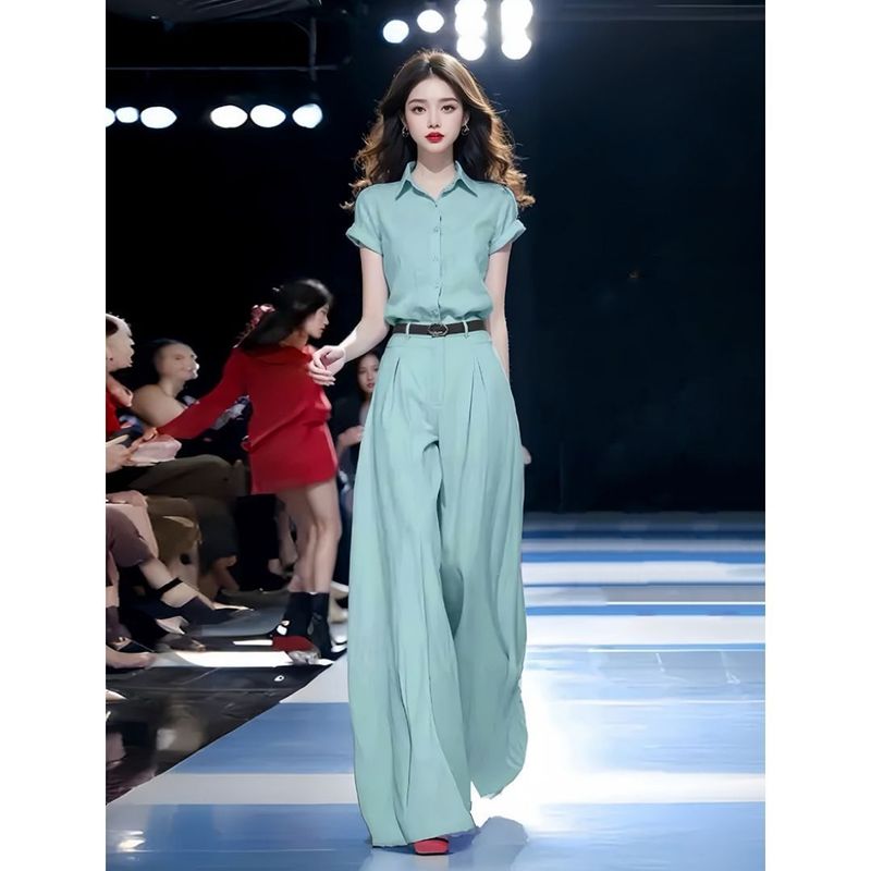单/套装女2025夏季新款时尚显瘦短袖衬衫+高腰拖地阔腿裤子两件套|undefined