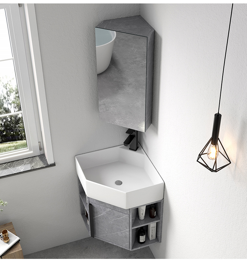 Triángulo montado en la pared gabinete de baño de cerámica lavado a mano lavabo combinación esquina lavabo piscina balcón pequeño apartamento
