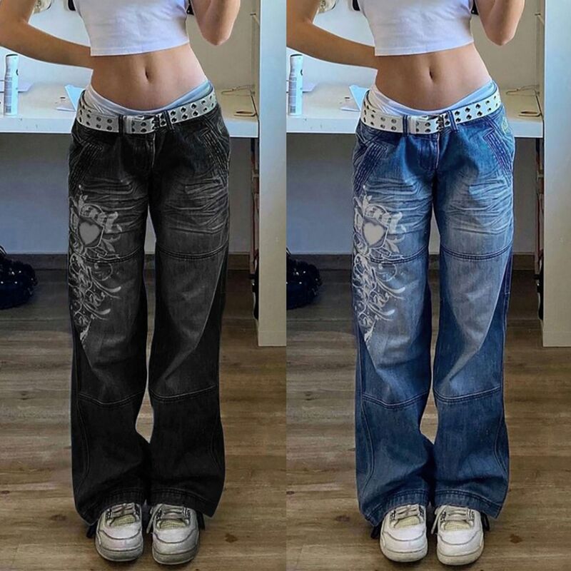 European and American Street Style Women's Irregular Printed Loose Trousers Low Waist Pleated Washed Old Multicolor Jeans