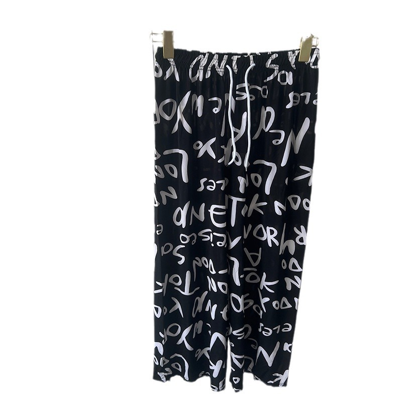 Nueva pintura de tinta china, pantalones anchos de seda de hielo y nieve, pantalones de pierna ancha delgados de verano para niños, cintura alta, pantalones de pierna recta casuales delgados