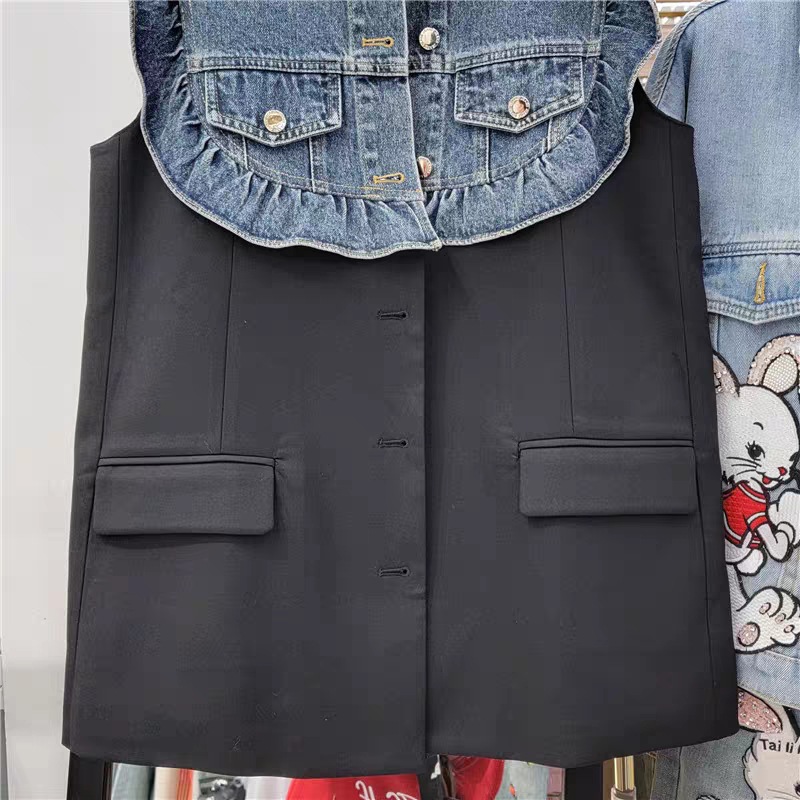 Estación Europea 2023 otoño nuevo falso de dos piezas costura Denim oreja de madera contraste color diseño casual chaleco moda femenina image 3