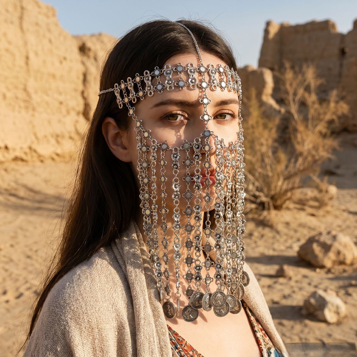 Exotic style heavy-duty metal coin tassel face chain, ancient Western style face-covering mask headpiece for photo shoots