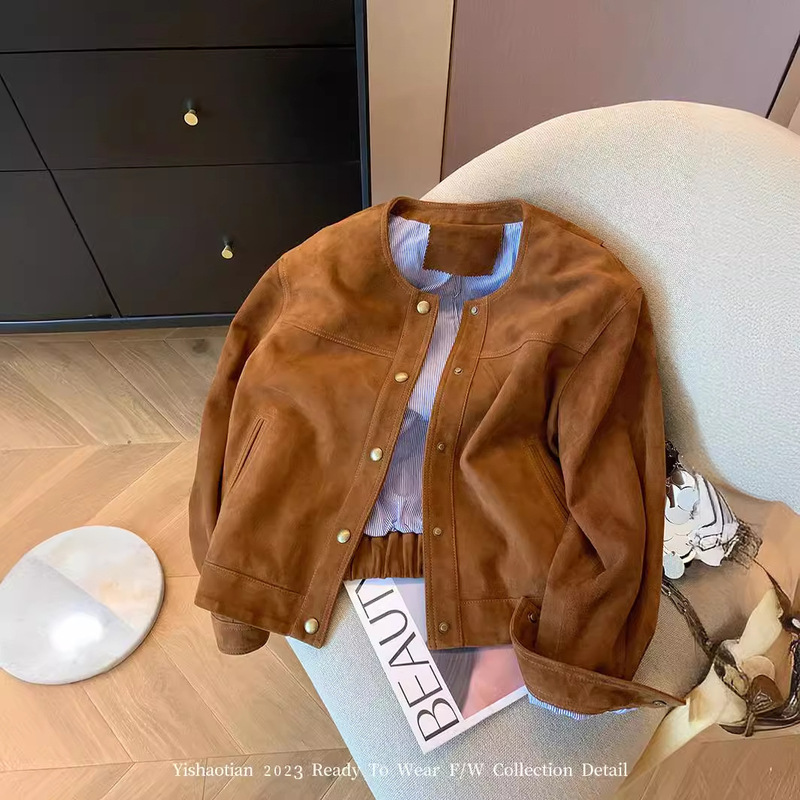 Vintage Brown Suede Melard Jacket for Women, Spring and Autumn 2026, Stylish Loose Casual Short Jacket Top