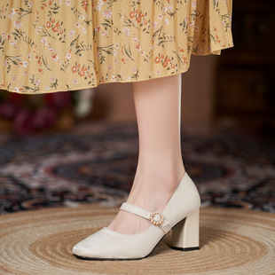 2022 New Square Toe Chunky Heel High Heels Large Size Mary Jane Straight Buckle Shallow Mouth All-match Women's Single Shoes Mid Heel Autumn