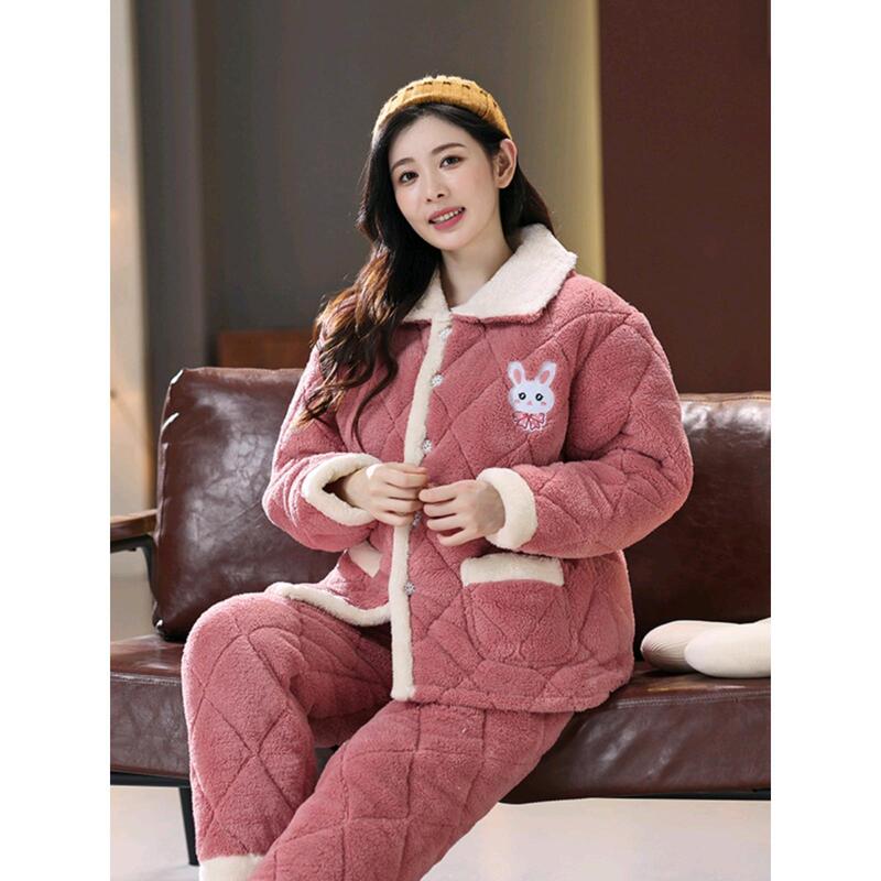 Pajamas for Women Winter Thickeneded Velvet Flannel Quilted Jacket Large Size Can Be Worn Outside Coral Velvet Warm Home Clothes Set