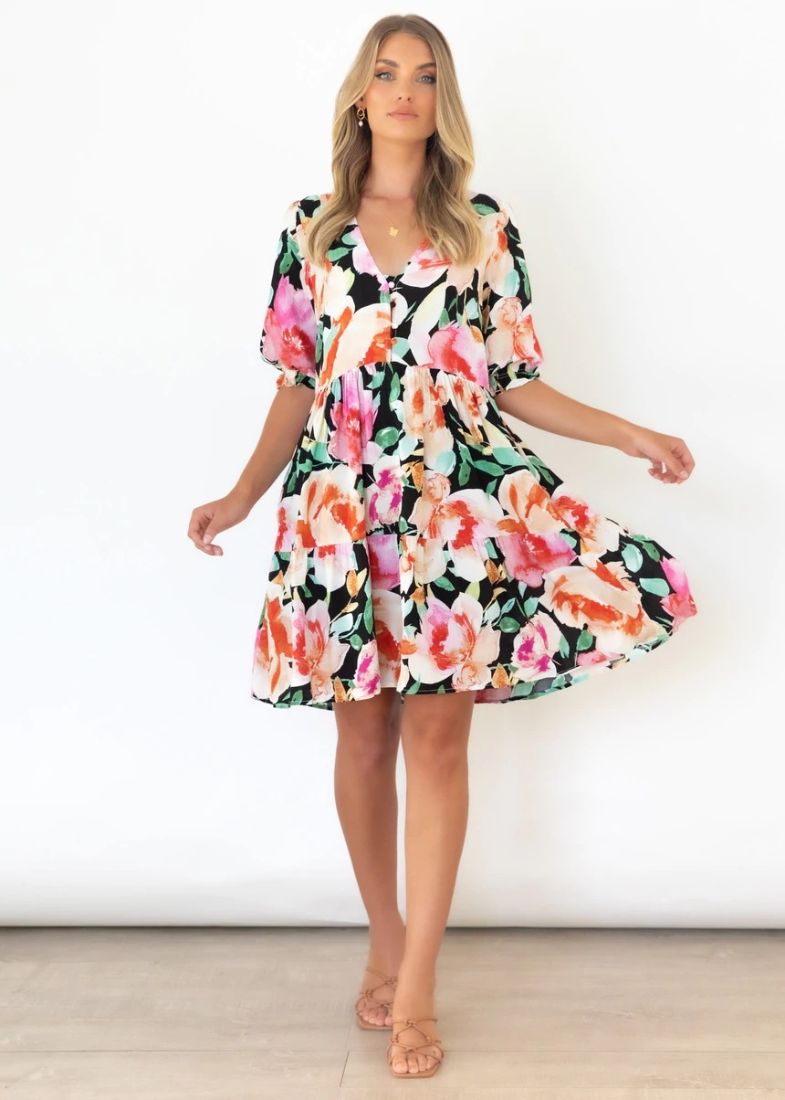 loose v-neck short-sleeved flower printed dress NSJRM131529