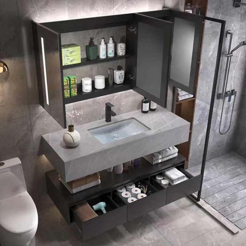 Luz de lujo placa Rock gabinete de baño combinación lavabo mesa de lavado inteligente espejo gabinete lavabo de baño lavabo gabinete