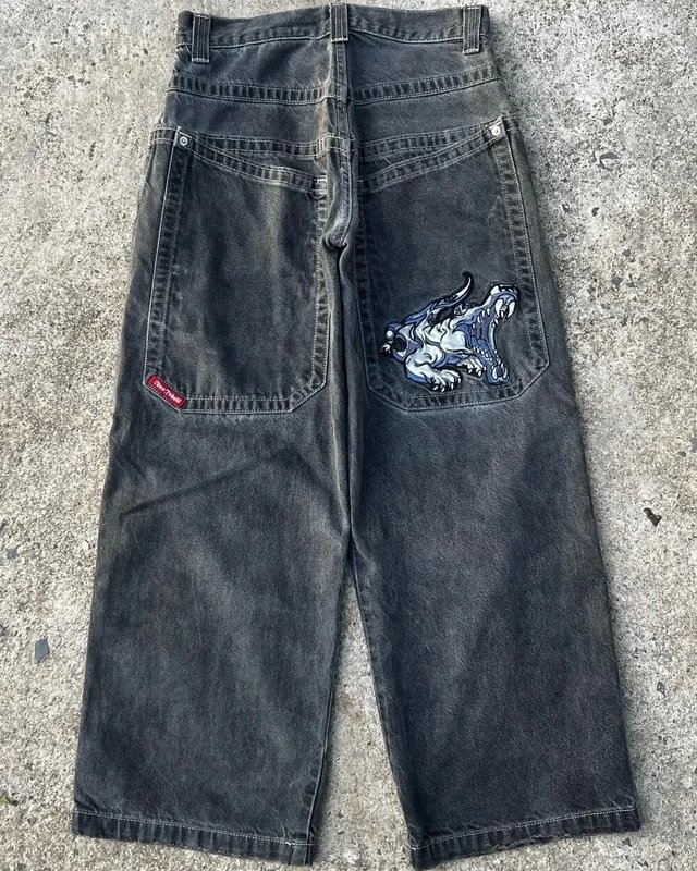 国境を越えた電気商JNCO Y2Kゆるいジーンズ男性レトロ刺繍ヒップホップストリート原宿男性ワイドパンツ|undefined